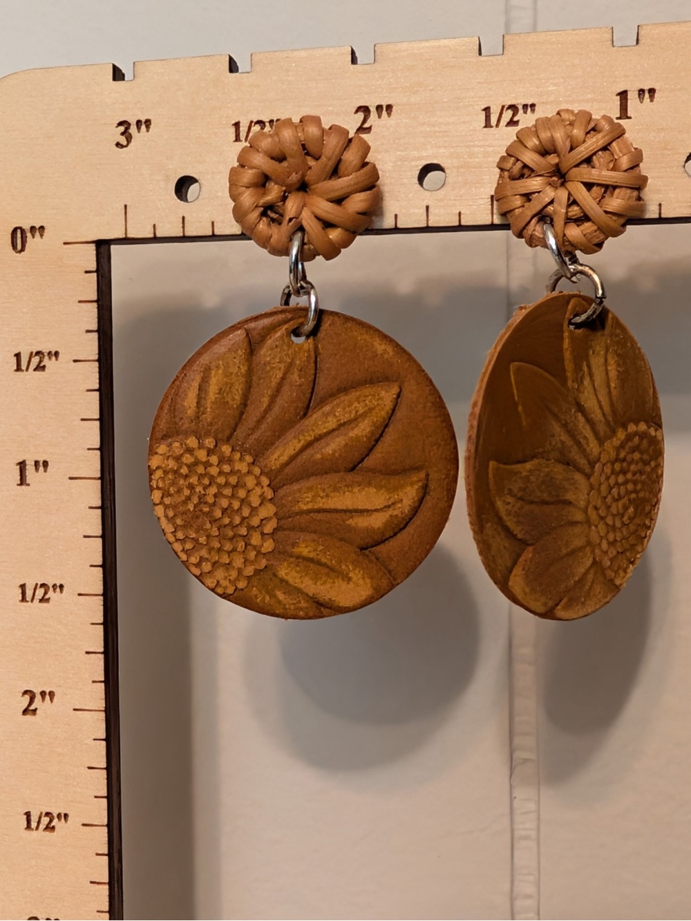 Sunflower Carved Disk Dangle Earrings in Warm Tan